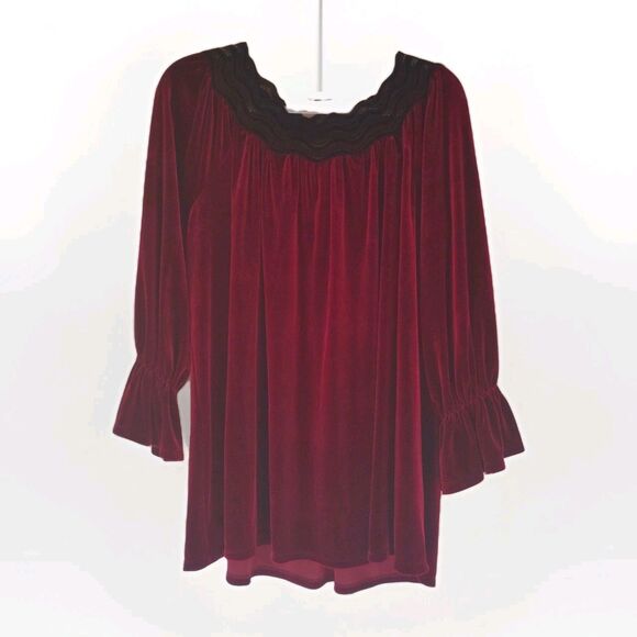 Rafella Red Wine Velvet & Black Lace Peasant Blouse 1X Goth Romantic Boho Top - Picture 1 of 7